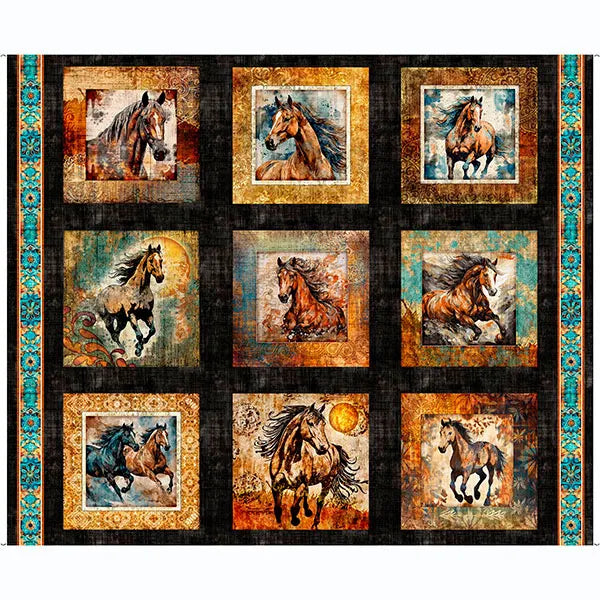 Born to Run Black Wild Horse Picture Patches 36" Panel