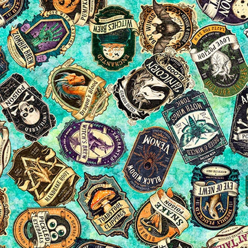 Witchypoo Turquoise Potion Labels Fabric Yardage - quilt fabric for sewing and quilting projects