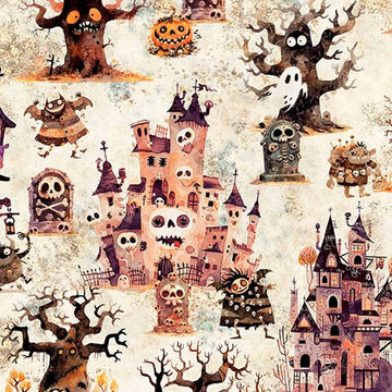 A Haunting We Will Go Oatmeal Haunted Landscape Fabric Yardage - quilt fabric for sewing and quilting projects