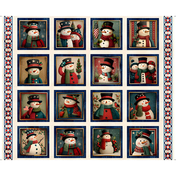 All American Snowman Cream American Picture Patch Panel - quilt fabric panel for quilting projects