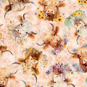 Udderly Adorable Highland cow with floral, light salmon, by QT Fabrics