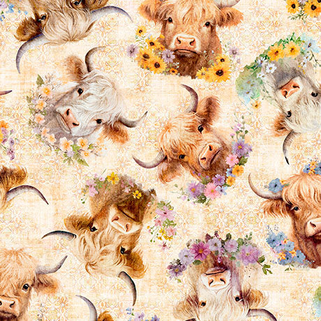 Udderly Adorable Highland cow with floral, cream, by QT Fabrics