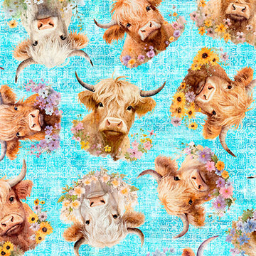 Udderly Adorable Highland cow with floral, light turquoise, by QT Fabrics