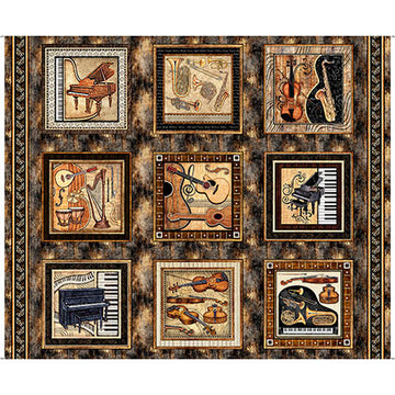 Vivace brown music picture patches panel quilt fabric