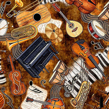 Vivace brown musical instruments toss fabric yardage