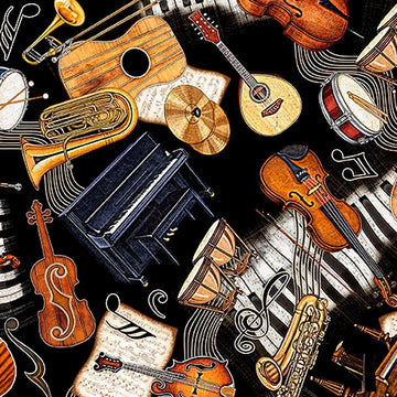 Vivace black musical instruments toss fabric yardage