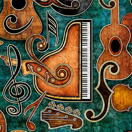 Vivace teal musical instruments set fabric yardage