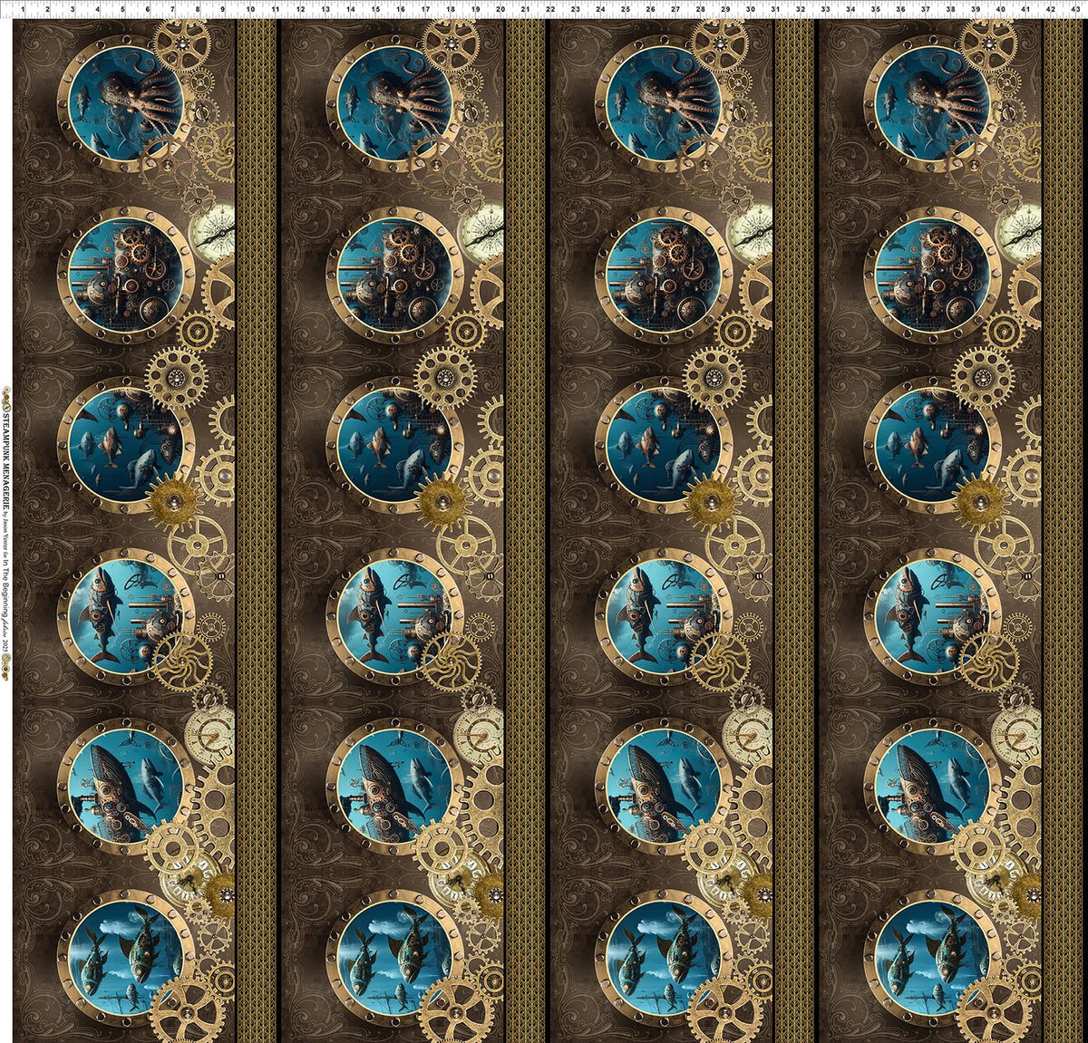 Steampunk Menagerie Border Stripe Fabric Yardage