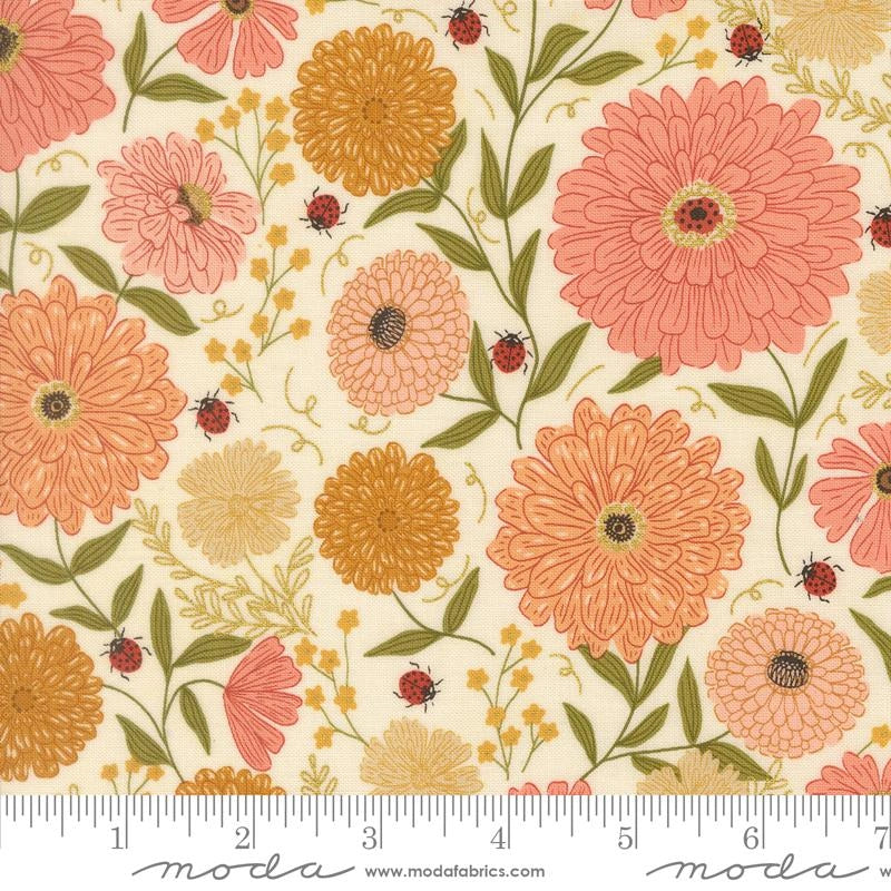 Ladybug Whimsy eggshell zinnias ladybugs metallic cotton fabric yardage