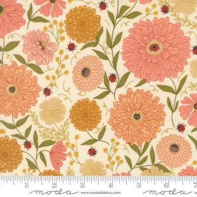 Ladybug Whimsy Eggshell Zinnias Ladybugs Metallic Fabric Yardage