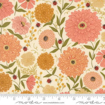 Ladybug Whimsy eggshell zinnias ladybugs metallic cotton fabric yardage