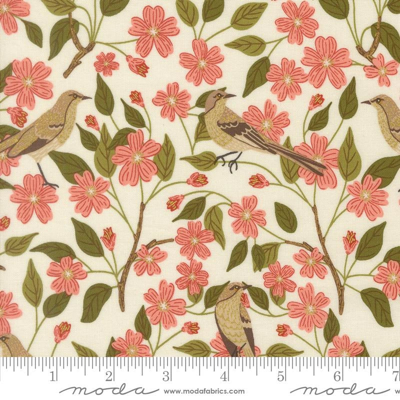 Ladybug Whimsy eggshell blossoms birds metallic cotton fabric yardage