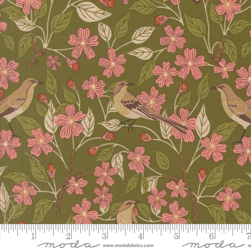 Ladybug Whimsy grass green blossoms birds metallic fabric yardage