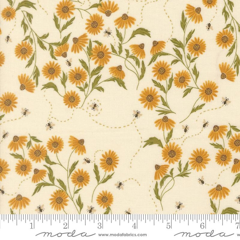 Ladybug Whimsy eggshell cone flower bees metallic fabric yardage