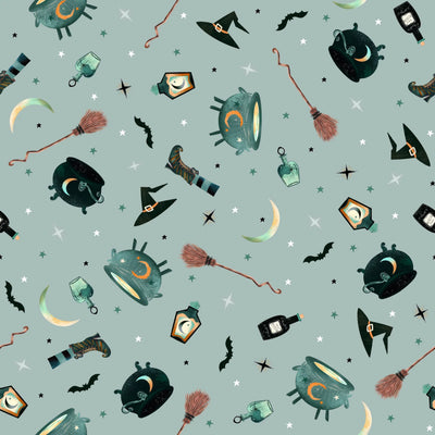 Witchy Wicked Dusty Blue Witchy Things Fabric Yardage