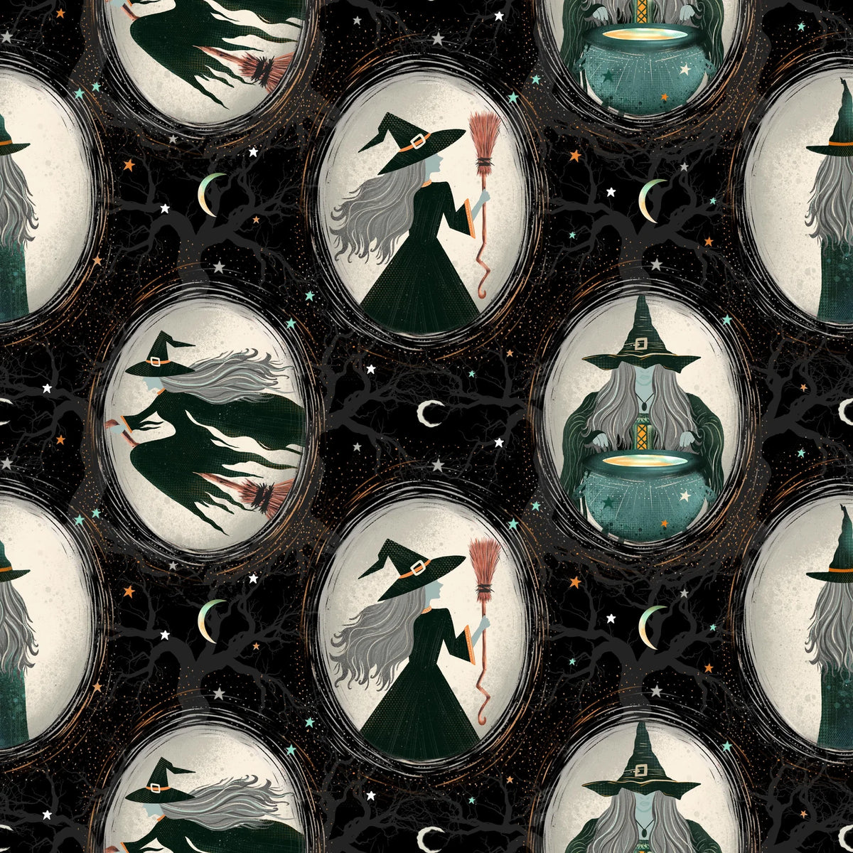 Witchy Wicked Black Witches Fabric Yardage - quilt fabric for sewing and quilting projects