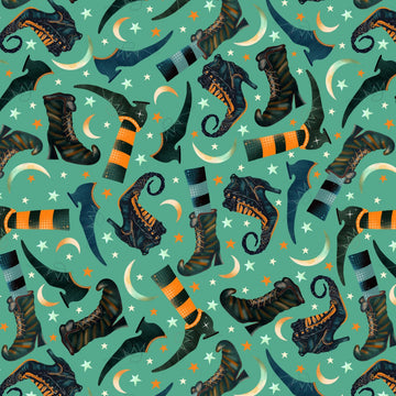 Witchy Wicked Turquoise Tossed Boots Fabric Yardage - quilt fabric for sewing and quilting projects