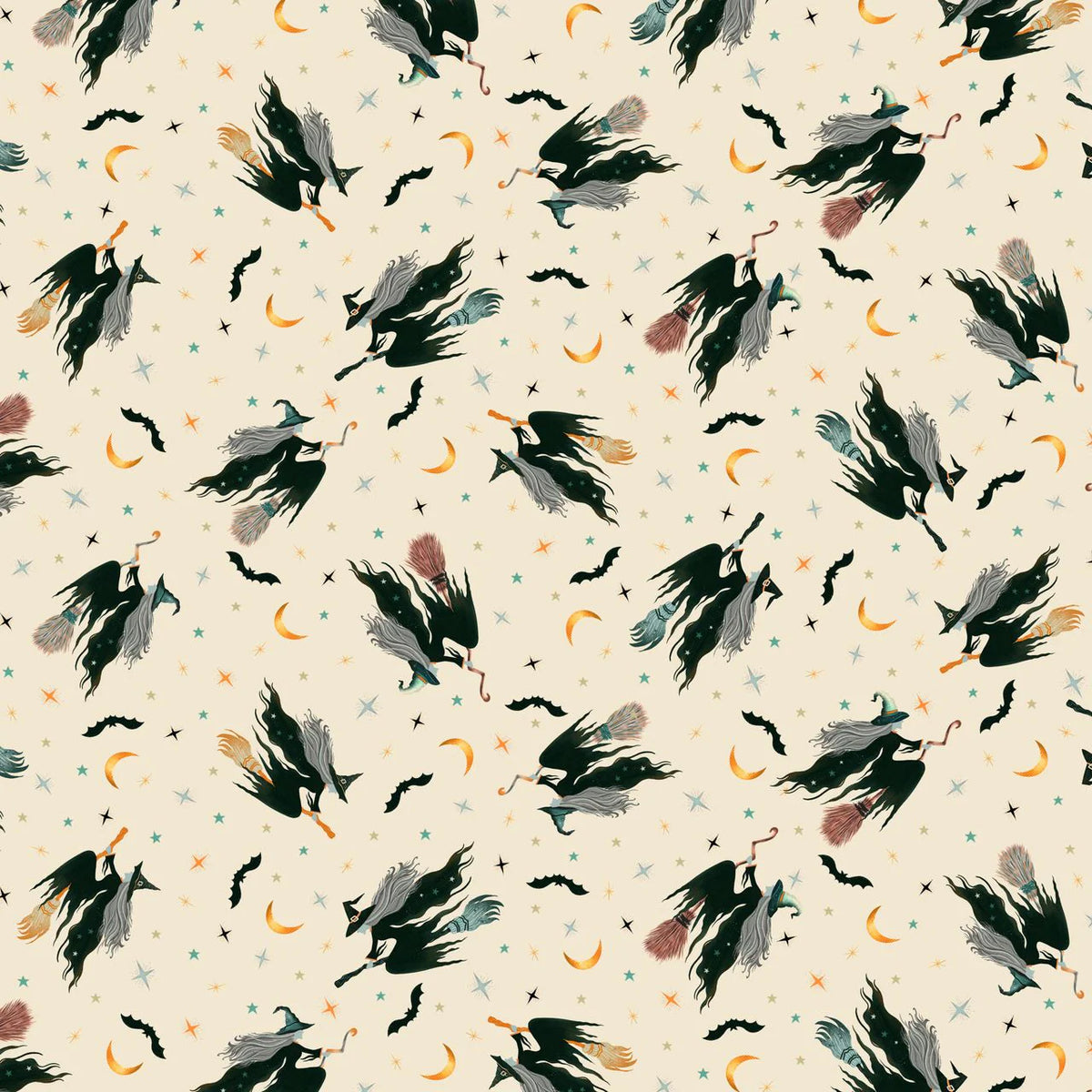 Witchy Wicked Cream Tossed Witches Fabric Yardage - quilt fabric for sewing and quilting projects