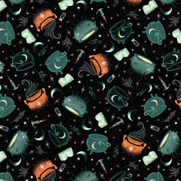Witchy Wicked Black Cauldrons Fabric Yardage - quilt fabric for sewing and quilting projects