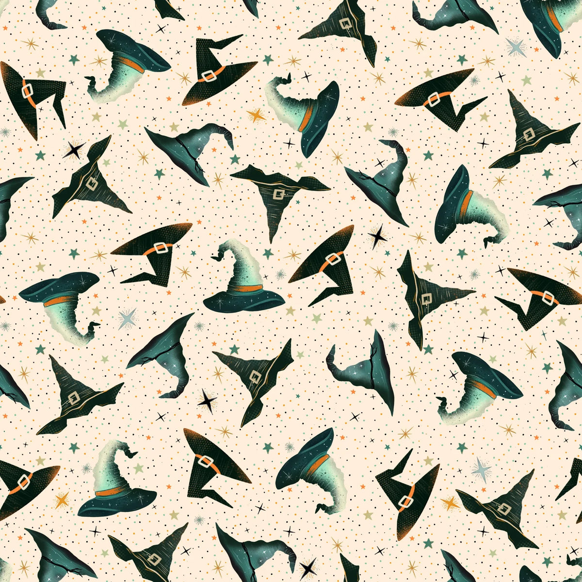 Witchy Wicked Black Tossed Hats Fabric Yardage - quilt fabric for sewing and quilting projects