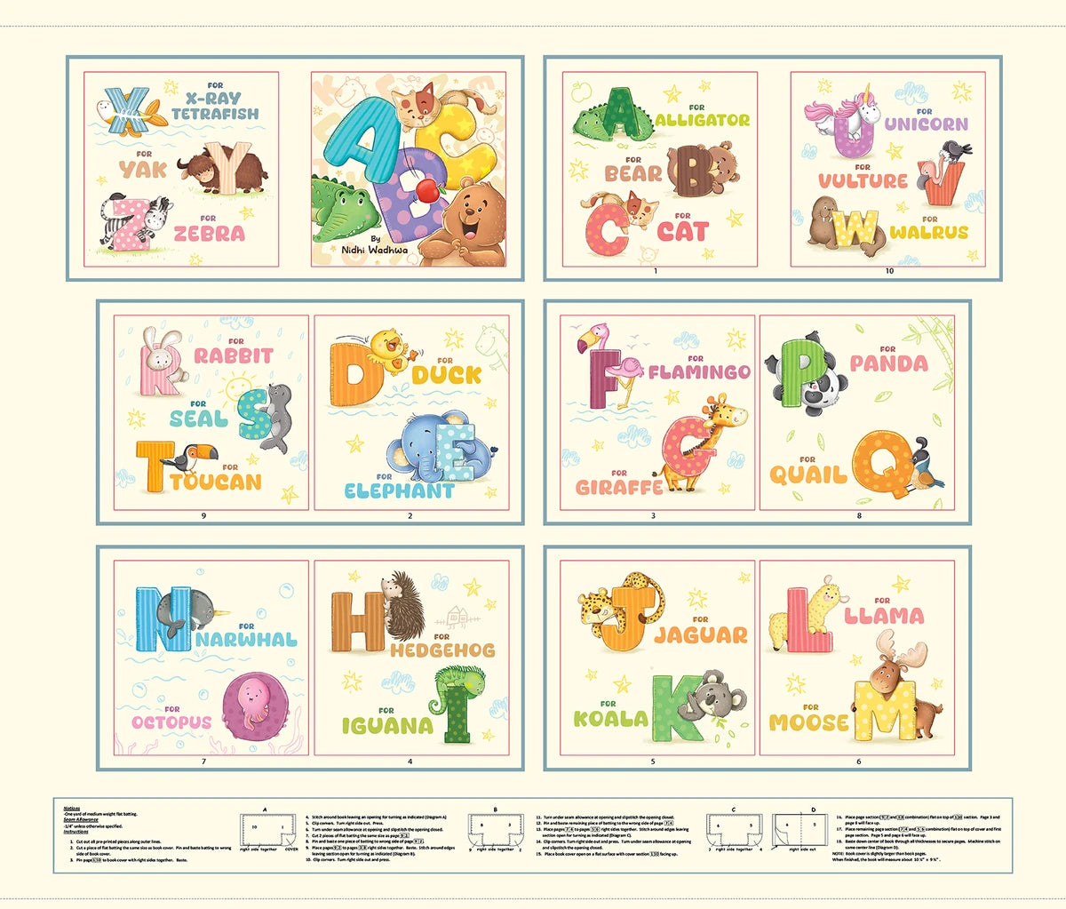 Alphabet ABC children's educational book fabric panel with colorful letters