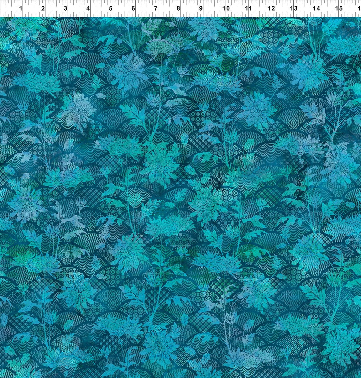 Oriental Gardens Teal Floral Fan Fabric Yardage