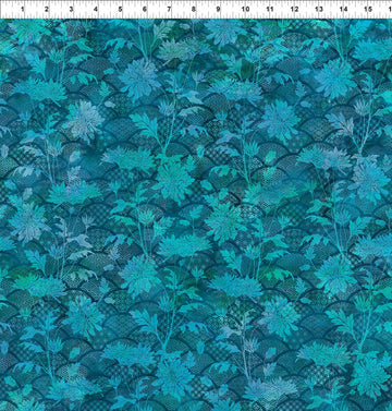Oriental Gardens Teal Floral Fan Fabric Yardage