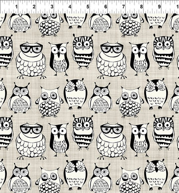 Sketchbook Prints black and white sepia owls fabric yardage
