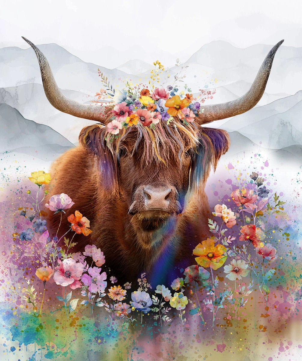 Deja Moo Highland Cow panel fabric 36 by 43 inches quilt-ready