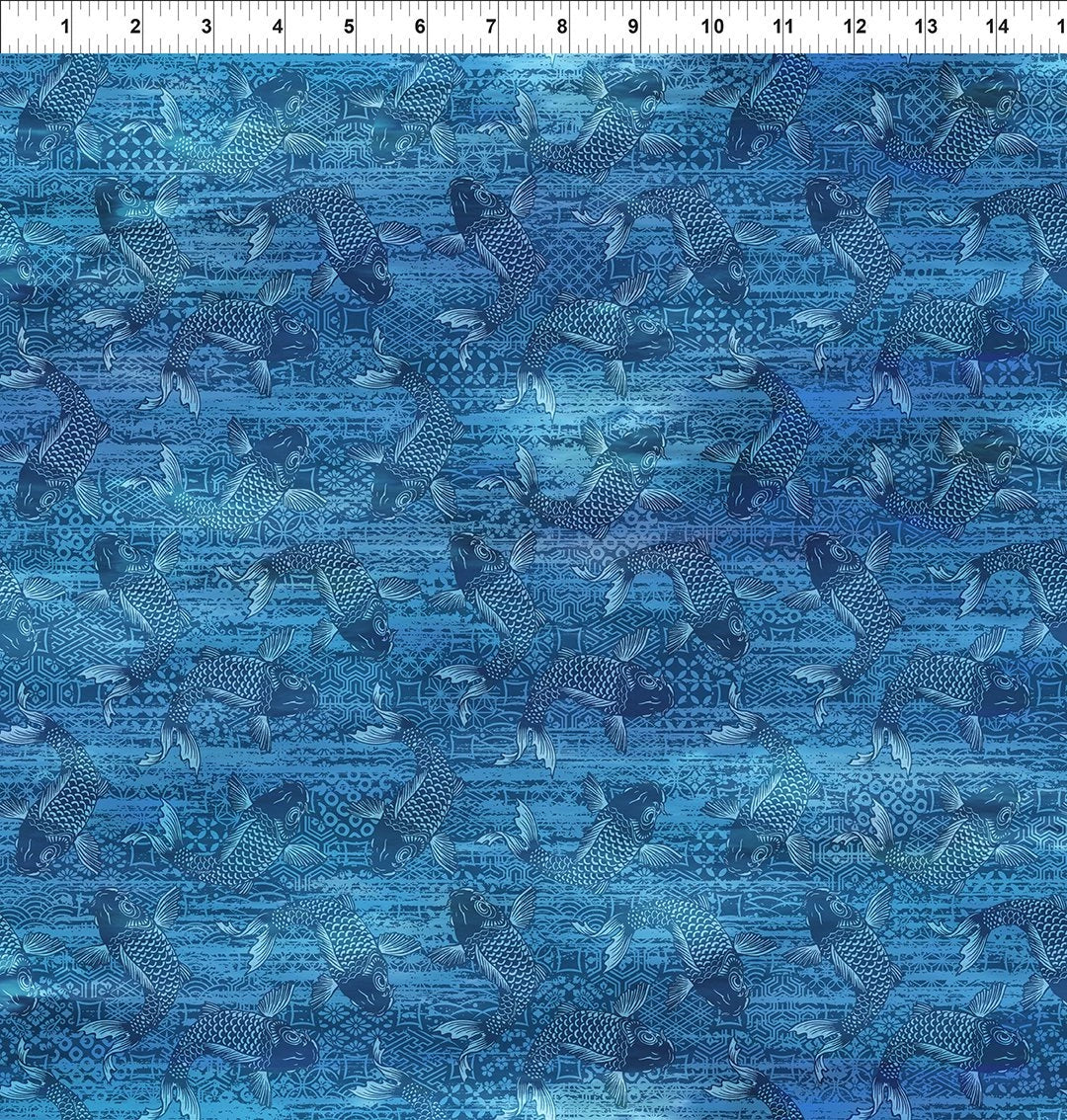 Oriental Gardens Blue Koi Fabric Yardage