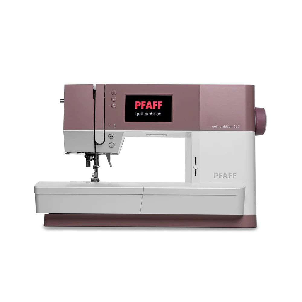 The Quilted Joy Pfaff Quilt Ambition 635 Sewing and Quilting Machine, shown from the front in white and mauve, features Integrated Dual Feed Technology, a digital display screen, and multiple control buttons.