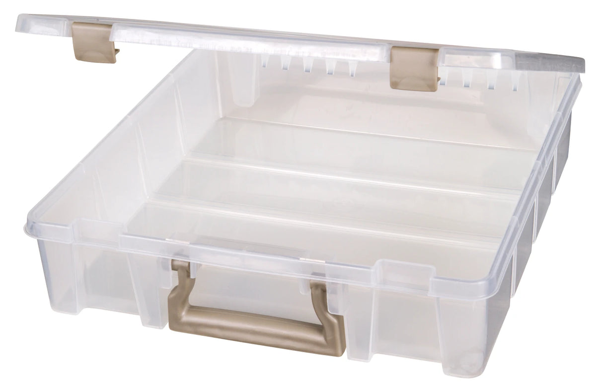 Super Satchel clear storage box open showing interior capacity