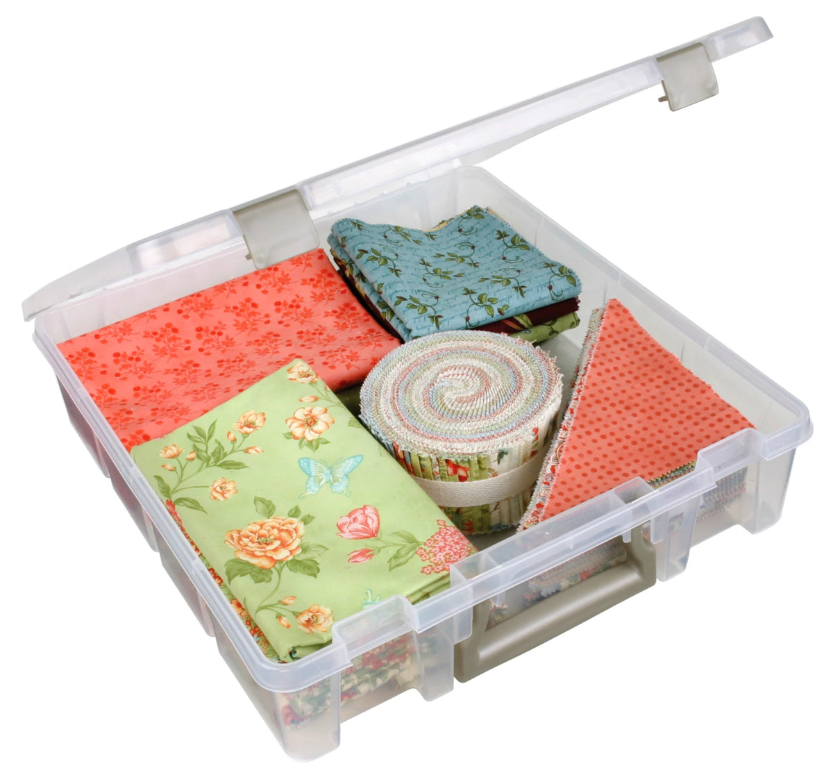 Super Satchel clear storage boxes stacked for organization