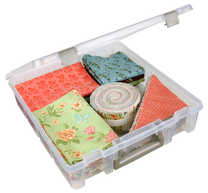 Super Satchel clear storage boxes stacked for organization