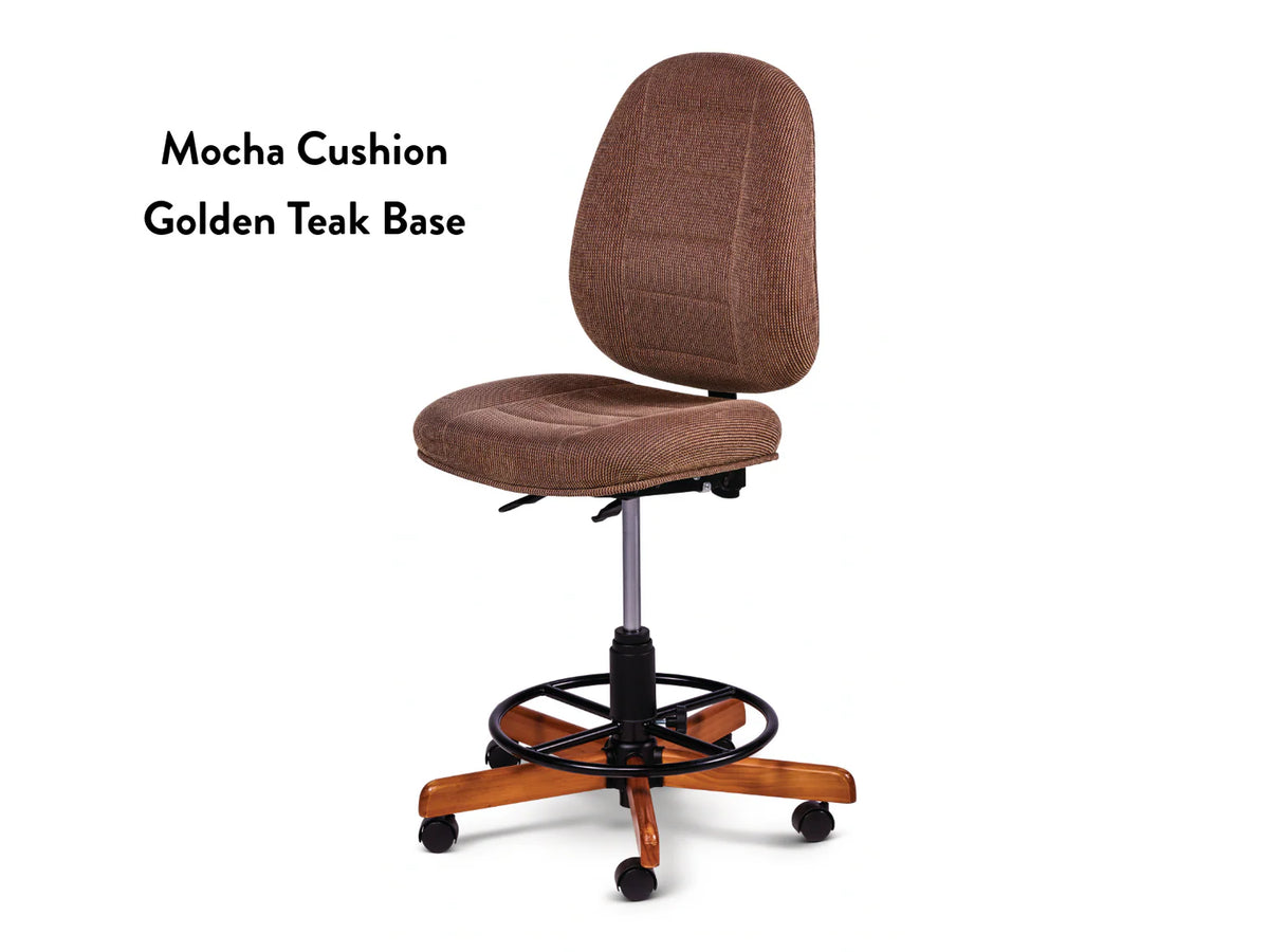 The Koala SewComfort Chair features a high backrest, ergonomic mocha cushion, and a golden teak wooden base with black wheels—ideal as a sewing chair. Text on left reads Mocha Cushion Golden Teak Base.
