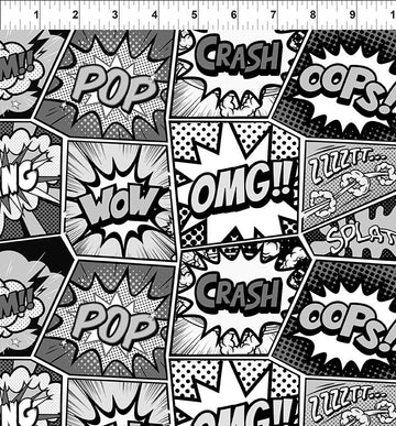 Sketchbook Prints black grey white sound effect words fabric