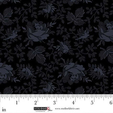 Dark Shadows Black Stylized Roses Fabric Yardage
