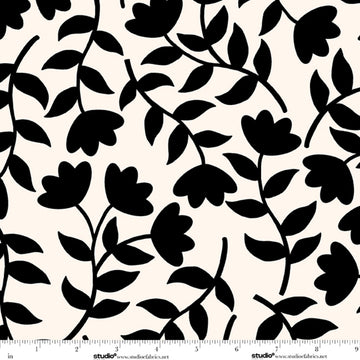 Monochrome Muse Ebony on Porcelain Tossed Flower Stems Fabric Yardage - black and white floral quilting fabric