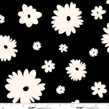 Monochrome Muse Porcelain on Ebony Large Daisies Fabric Yardage - black and white daisy print quilting fabric