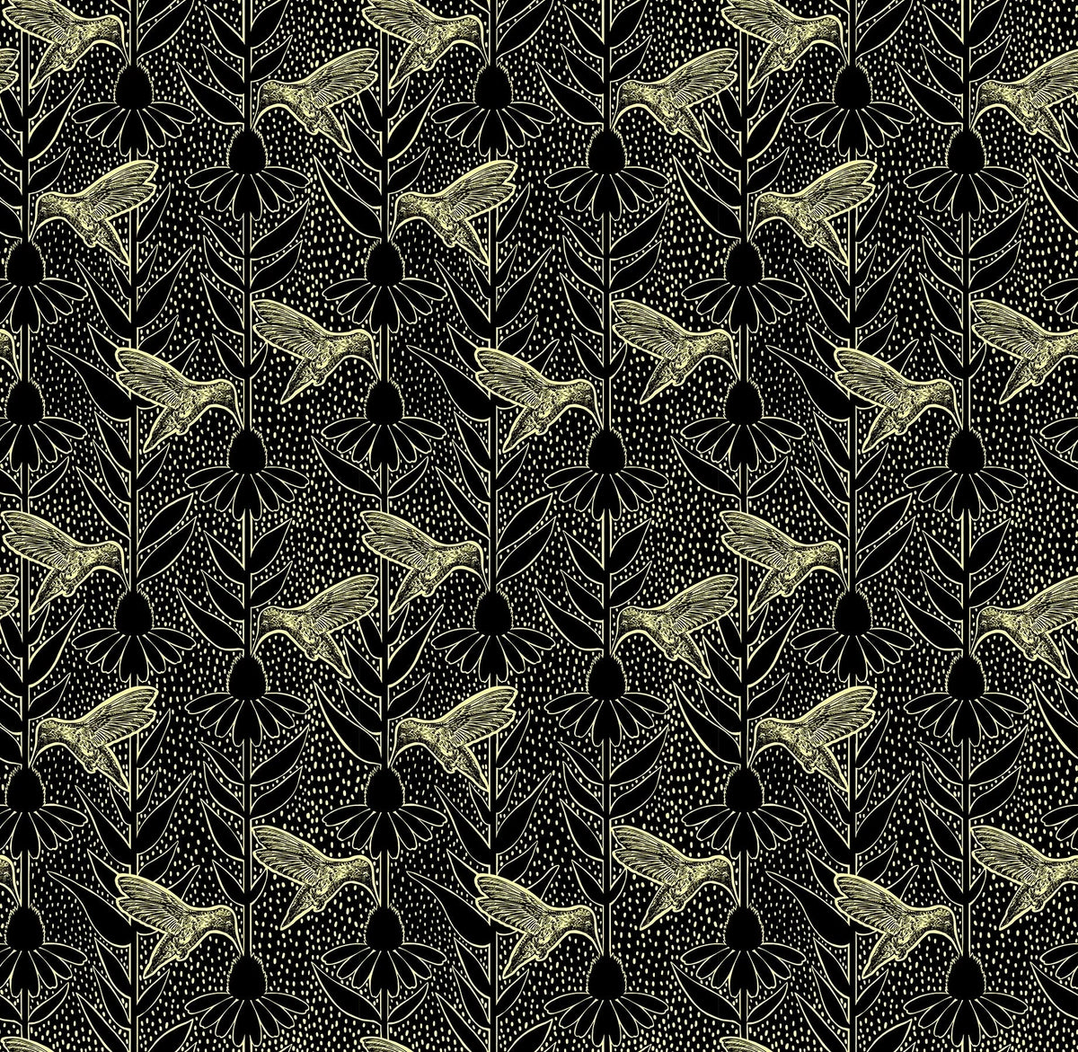 Indelible Ink Black Humming Fabric Yardage - quilt fabric for sewing and quilting projects