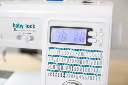 Close-up of the Baby Lock Jubilant Sewing Machine control panel, showing its LCD screen with multiple stitch options—perfect for beginners or users taking free online sewing classes.