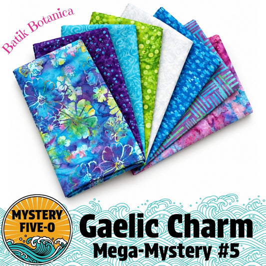 Mystery Five-0 Batik Botanica fat quarter bundle with blue purple green batik fabrics