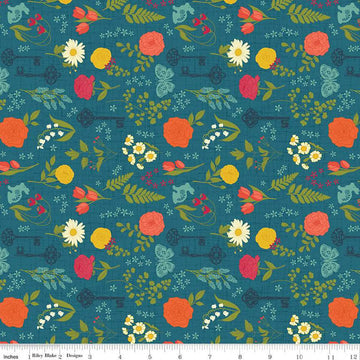 First Blooms Denim Pressed Flowers Fabric Yardage