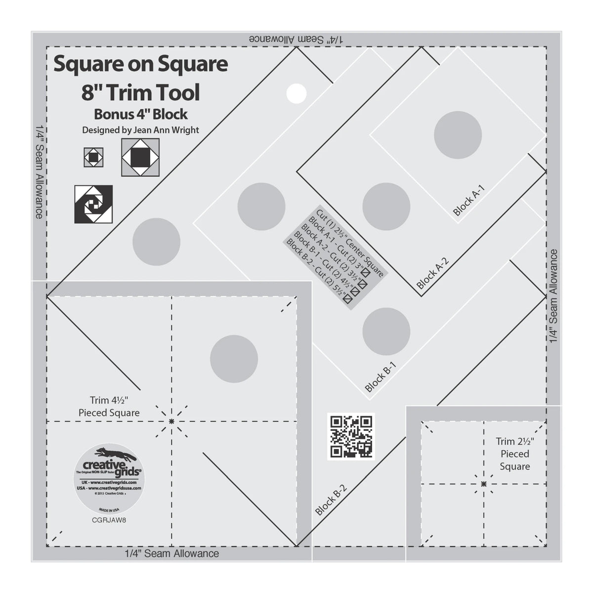 Creative Grids Square on Square Trim Tool 4in or 8in Finished Blocks Quilt Ruler - quilting ruler for precision cutting