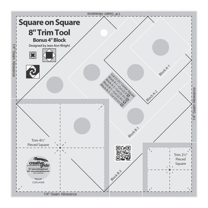 Creative Grids Square on Square Trim Tool 4in or 8in Finished Blocks Quilt Ruler - quilting ruler for precision cutting