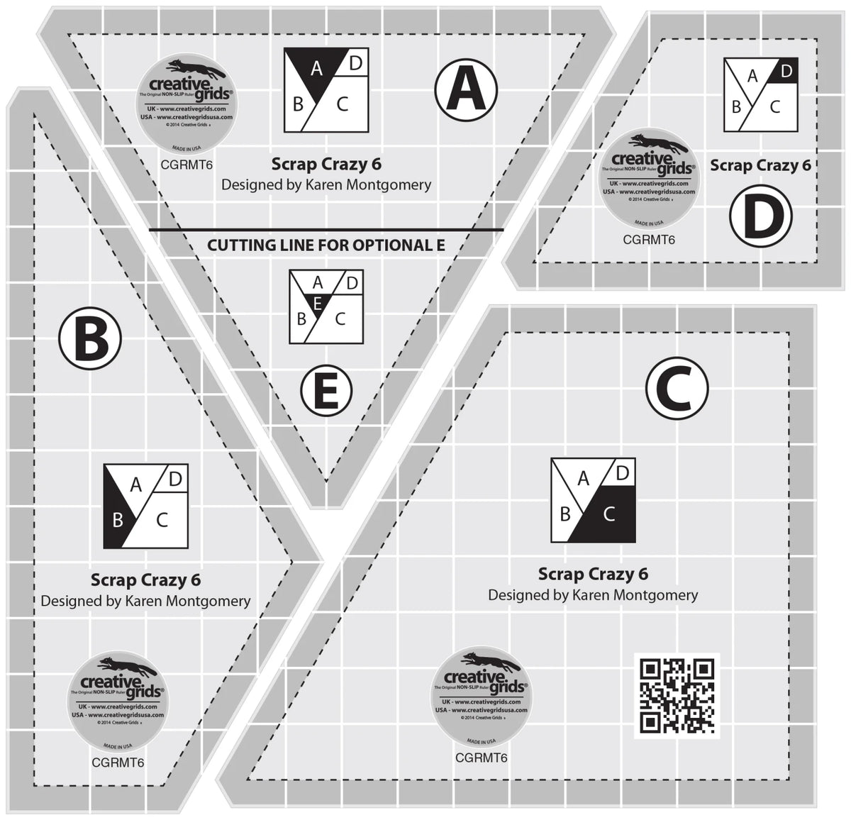 Creative Grids Scrap Crazy 6 acrylic quilting template set five pieces by Karen Montgomery