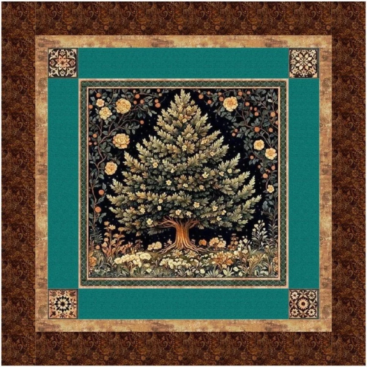 Cedar and Sage Woodland Tree panel quilt with ornate tree design teal border