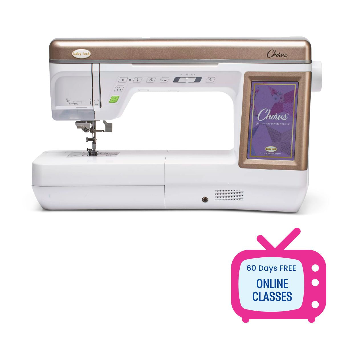 The Baby Lock Chorus Sewing Machine by Baby Lock is a modern white and gold model with a touchscreen display and compact digital dual-feed system for precise stitching. A pink TV icon in the corner advertises 60 Days FREE ONLINE CLASSES.