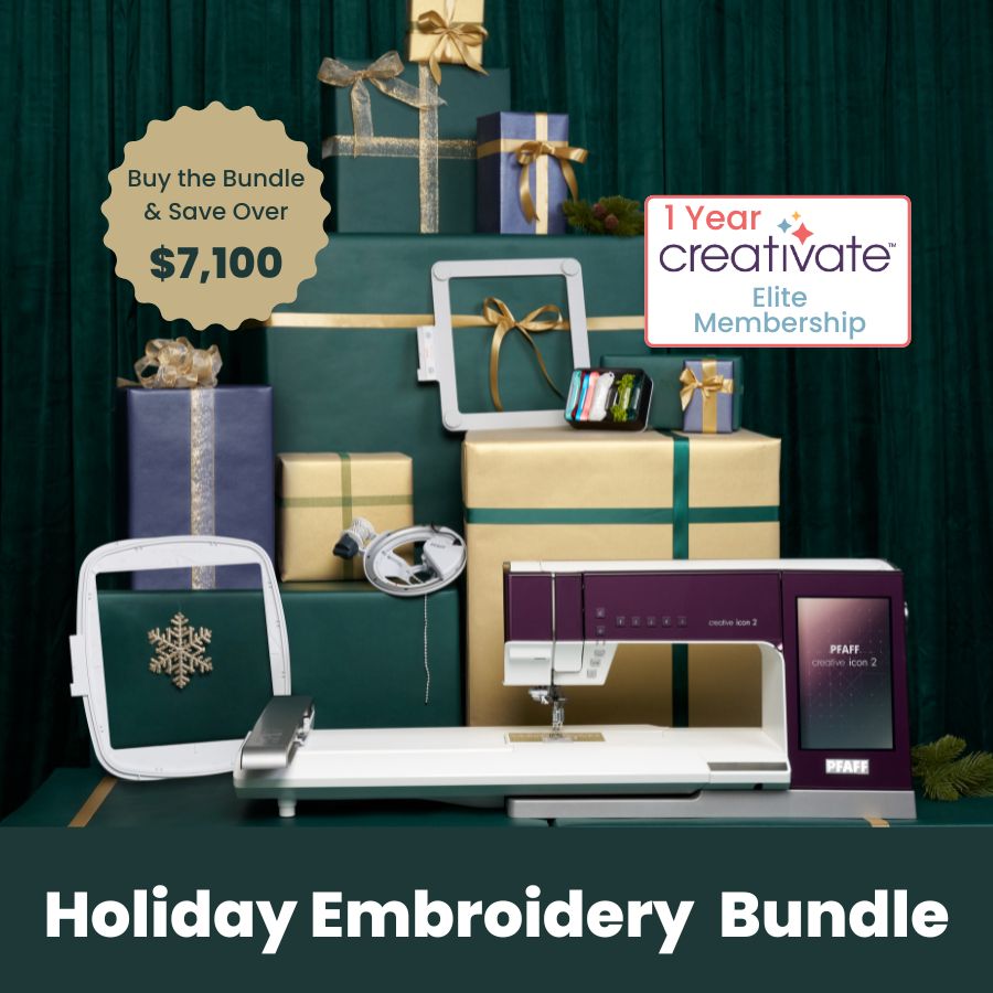 A purple embroidery machine and large embroidery hoops are displayed in front of wrapped holiday gifts. Text reads: Holiday Embroidery Bundle, Buy the Bundle & Save Over $7,100, and 1 Year Creativate Elite Membership.