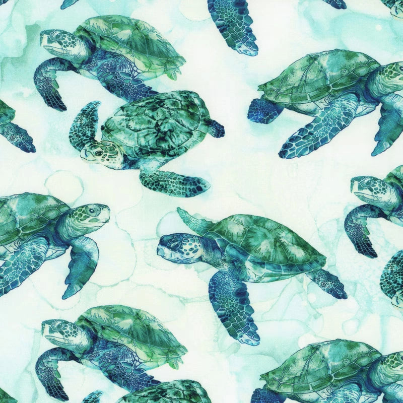 Coral Reef White Multi Turtles Fabric Yardage - quilt fabric for sewing and quilting projects